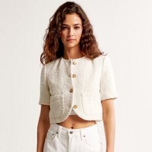 Abercrombie & Fitch Cream Short-Sleeve Cropped Tweed Blazer Jacket M
